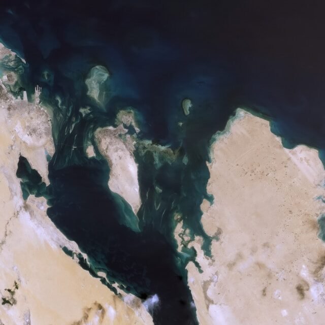 Aerial view of the Bahrain coastline and sandbanks